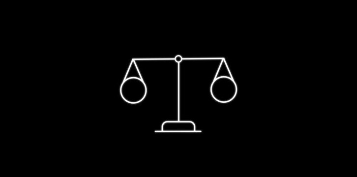 Animated balance scale line icon 4k video. Justice ethics, legal compliance, animation icons. Black and white icon with transparent background