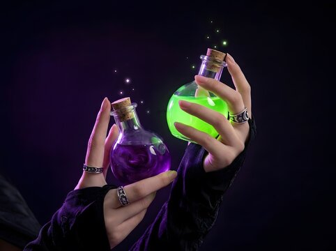 Hands holding glowing magic potion bottles in the dark