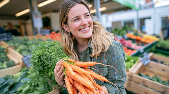 Adult woman holding a bunch of fresh organic carrots while browsing a vibrant produce market, examining the vegetables before purchasing, rustic wooden crates, leafy greens and colorful seasonal pro
