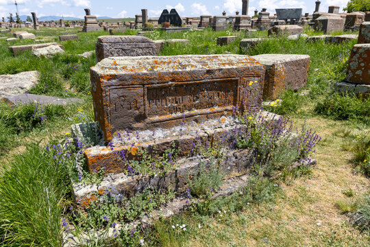 Nineteenth century inscribed tombstone surrounded by purple lavender wildflowers growing amid the grass at the weathered Noratus medieval cemetery stone forest, Noratus, Armenia