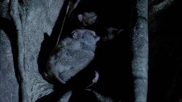 A small nocturnal galago primate perched on a tree trunk in the dark forest at night time