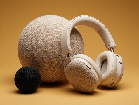 Modern beige wireless headphones stand near large textured fabric sphere, small black speaker. Minimalist audio equipment setup with stylish design on mustard background. Premium electronic devices