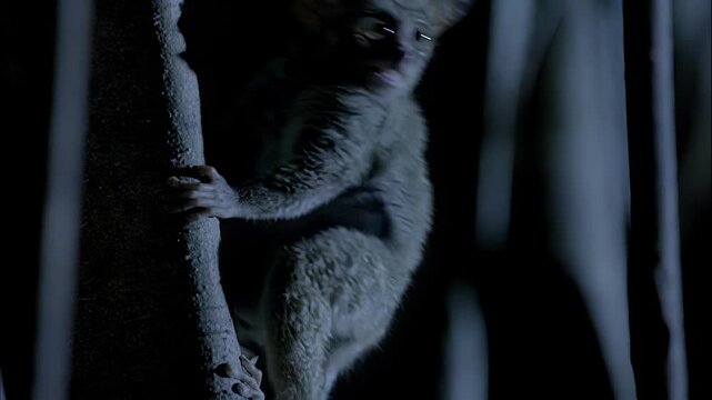 A small nocturnal galago primate clinging to a tree trunk in the dark forest at night time