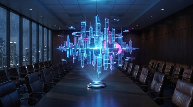 Futuristic holographic city projection in a modern boardroom