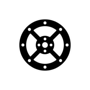 Black industrial valve wheel icon isolated on transparent background for machine control interface design.