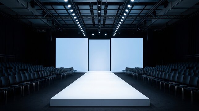 Empty fashion runway with white stage and black chairs in a dark indoor event venue with studio lights rows