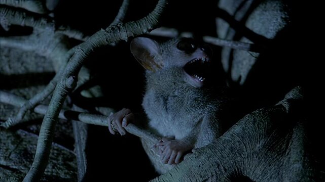 A small galago primate perched on a tree branch during the dark night in its natural habitat