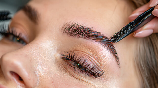 During a professional brow lamination treatment, a skilled female beauty therapist uses a fine tweezer to refine an adult woman's eyebrow while a spoolie brush rests nearby, extreme close-up composi
