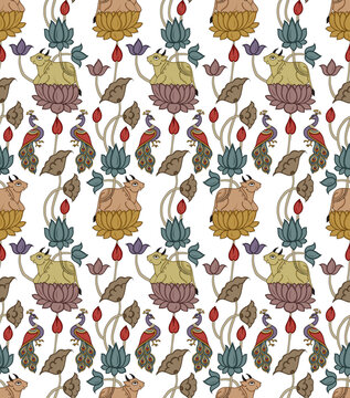 Seamless Indian Floral Textile Pattern with Lotus Peacock and Traditional Animal Motifs