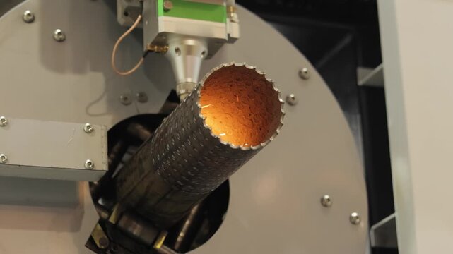 Industrial cnc laser cutter machine processing metal pipe with sparks and glow.