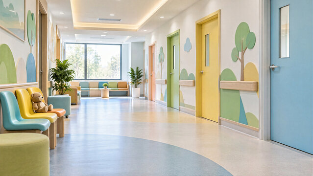 Bright colorful pediatric clinic corridor with pastel doors, tree wall art, kids chairs, plush bear, plants