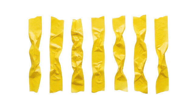 Seven yellow wrinkled paper strips isolated on transparent background