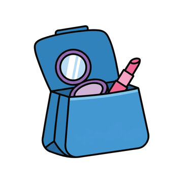 Open blue makeup bag with lipstick and mirror in comic style