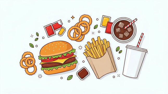 Fast food meal set with burger fries onion rings and soda on