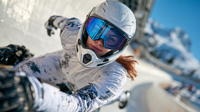 Standing on a professional ice bobsleigh track, an adult female bobsledder wears a streamlined white bodysuit and protective helmet, sleek athletic stance, icy walls and sharp track curves in the ba