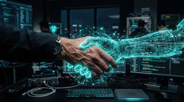 Human businessman shaking hands with glowing futuristic digital artificial intelligence robot partner inside office