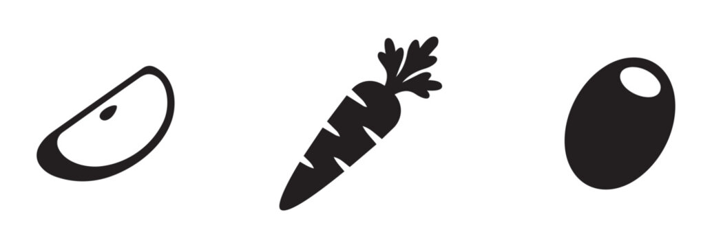 Apple slice, carrot and olive set of food icons