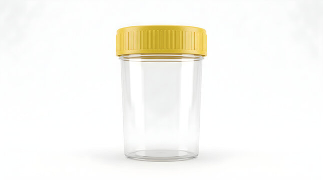 Empty medical specimen container with yellow cap isolated on white