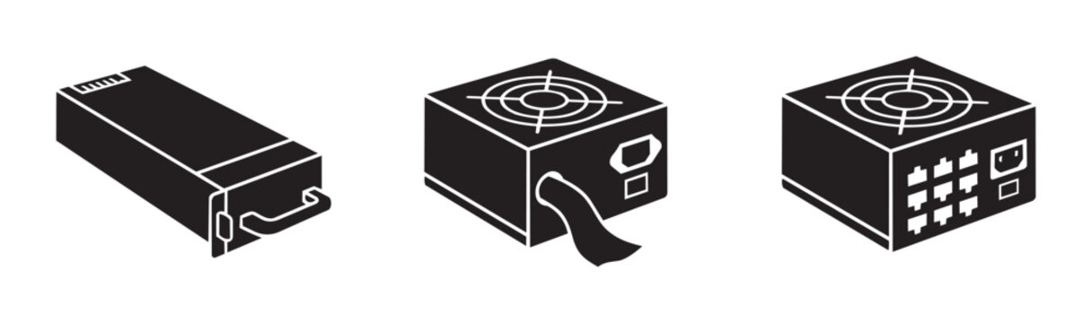 Power supply unit silhouettes set with computer components for technology and hardware