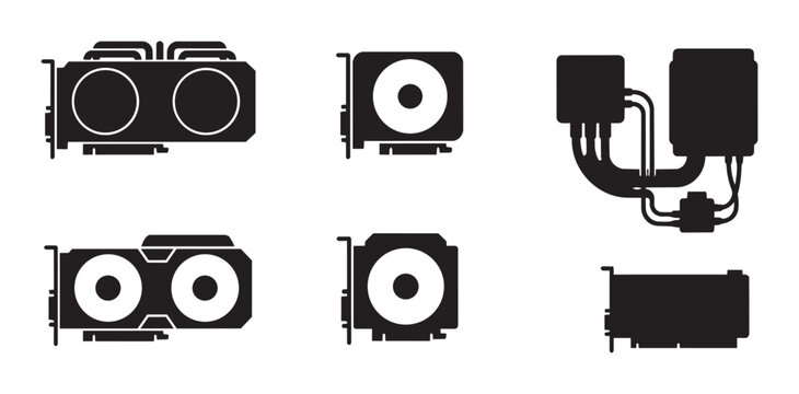 Computer graphics card silhouettes set with fans and cables for technology or gaming