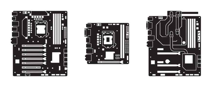Computer motherboard silhouettes set with cpu socket and slots, technology hardware for pc build