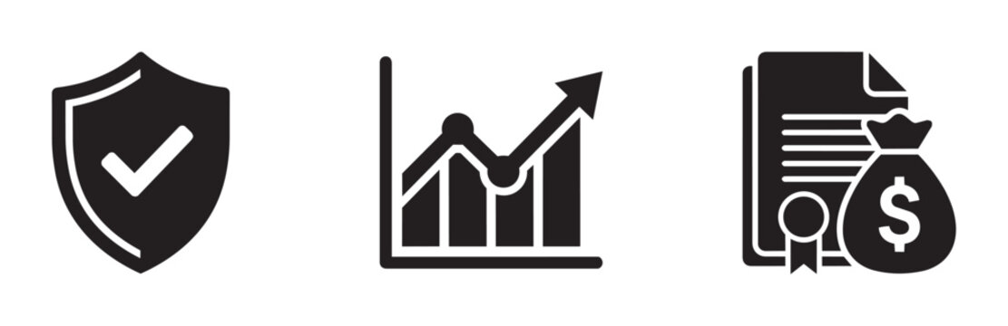 Business icons set with shield, graph and money bag, finance and security