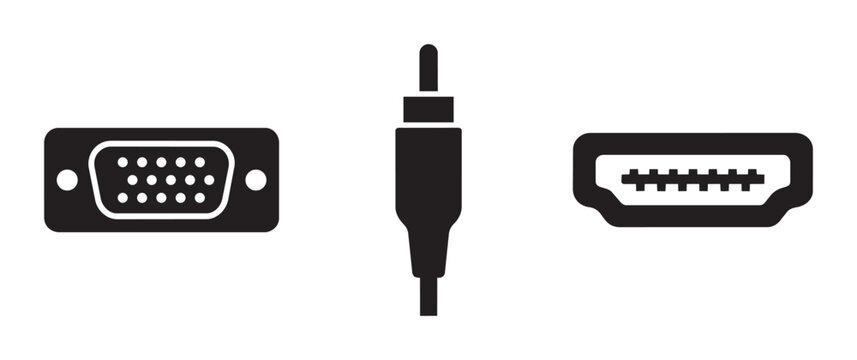 VGA, audio jack and HDMI connector icons set, technology connection symbols