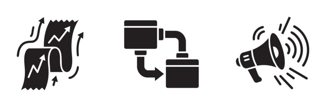 Business icons set with growth chart, pipeline and megaphone for finance and marketing