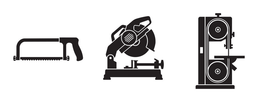 Saw set with hacksaw, chop saw and band saw silhouettes for industry