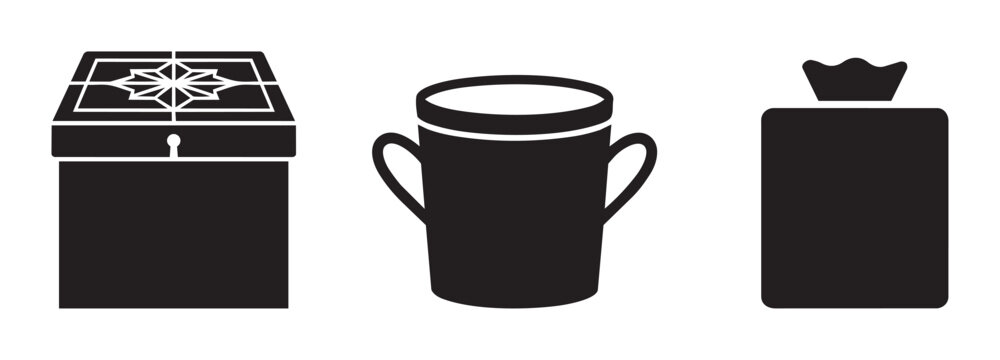 Treasure chest, mug and gift bag silhouettes set for commerce and celebration