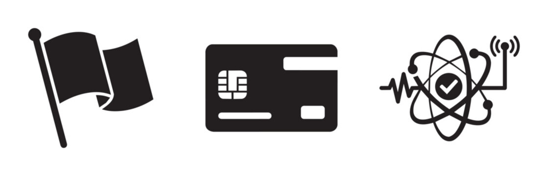 Flag, credit card and atom icons set for business, science and technology themes