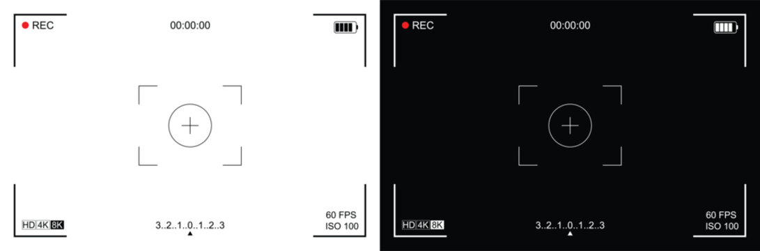 Camera viewfinder display screen frame mockup, video recording camera interface overlay template set with dark and light mode vector illustration