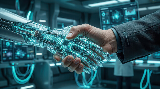 Human businessman shaking hands with glowing futuristic artificial intelligence robot inside high tech laboratory