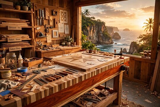 Professional exotic woodworking workshop on cliff with ocean view at sunset Artisan marquetry Workbench 