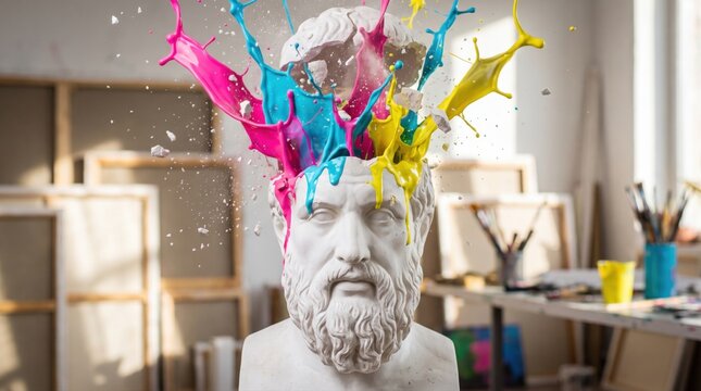 Plaster bust sculpture with colorful paint exploding from head in art