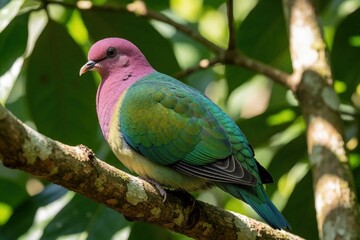 Fototapeta premium Pink headed fruit dove sits on tree branch in tropical forest. Colorful wild bird with pink neck, green feathers perches among rich leaves. Exotic pigeon species lives in natural jungle habitat in