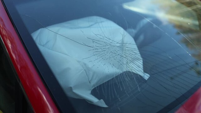 Close up of a deployed airbag inside a damaged car viewed through a shattered windshield after a collision showing clear signs of a serious road accident and vehicle damage