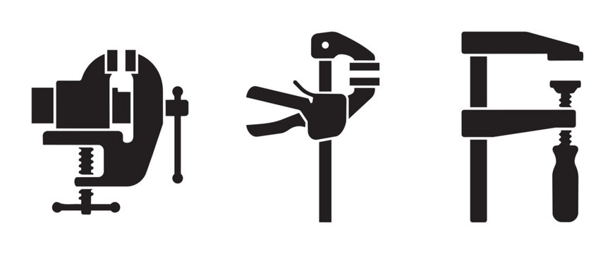 Clamp set with vice, C-clamp and bar clamp silhouettes for industry and construction