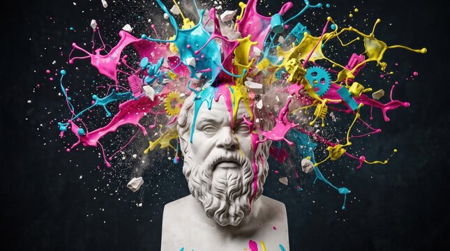 Plaster bust head exploding with colorful paint