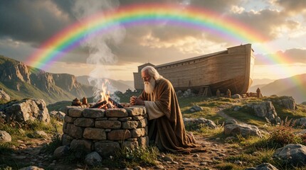 Fototapeta premium Elderly Noah kneels before stone altar with fire, smoke. Huge wooden ark stands on mountain hill under bright rainbow in sky. Biblical man prays near sacred flame, showing faith, hope after great