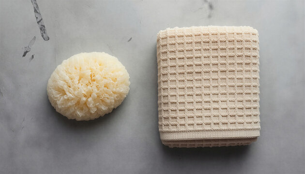 Minimalist top view of unbleached natural loofah sponge and folded beige waffle cotton hand towel on grey surface
