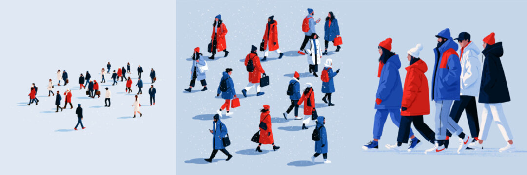 People in winter attire walk across a snowy expanse, their figures rendered in a minimalist, flat vector illustration with solid colors against a pale blue background