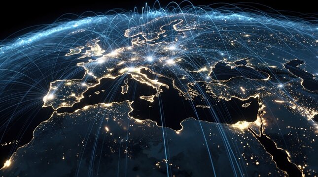 Digital interface shows global telecommunications network across Europe, Africa. Glowing lines connect cities via satellite, fiber optics. High tech map displays data transfer, internet connectivity,