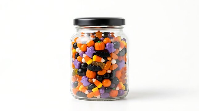 Glass jar filled with assorted festive halloween candies and pumpkin shaped sweets halloween container colorful assortment collection celebration decorative