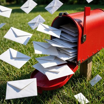 Red mailbox overflows with white envelopes on green grass lawn. Many paper letters fly in air during windy summer day. Open postbox full of mail shows communication overload massive delivery. Concept