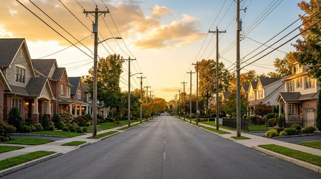 Suburban street with houses, trees, and power lines at sunset