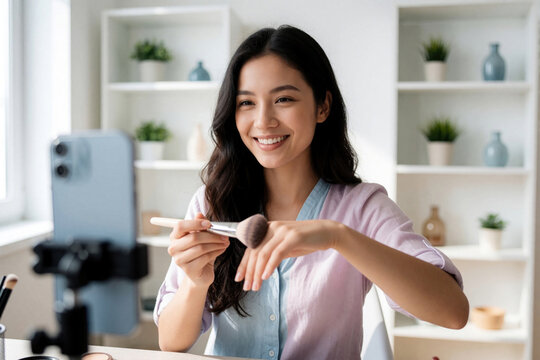 Young Asian woman influencer records makeup tutorial with smartphone on tripod. Happy content creator applies cosmetic powder to hand for beauty livestream. Female blogger uses mobile tech for social
