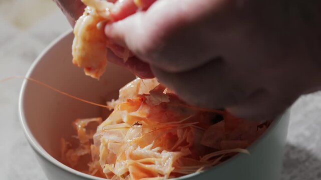 Peeling Boiled Shrimp Shell by Hand Culinary Preparation