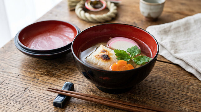 Ozoni Japanese New Year soup with grilled mochi and kamaboko in lacquered bowl