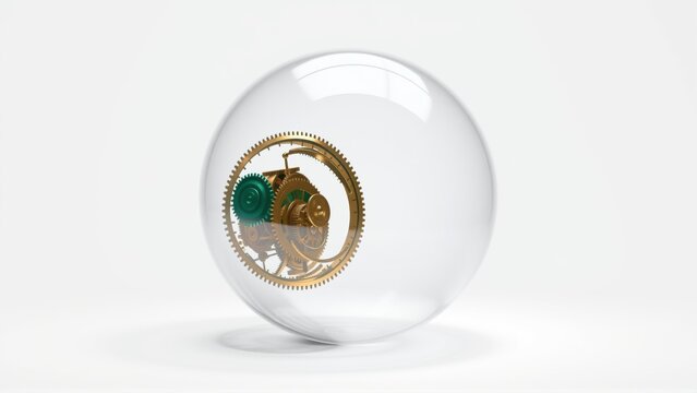 Glass sphere contains intricate golden clockwork mechanism. Minimalist studio shot, clean background, elegant design. Reflective surface, precision engineering.